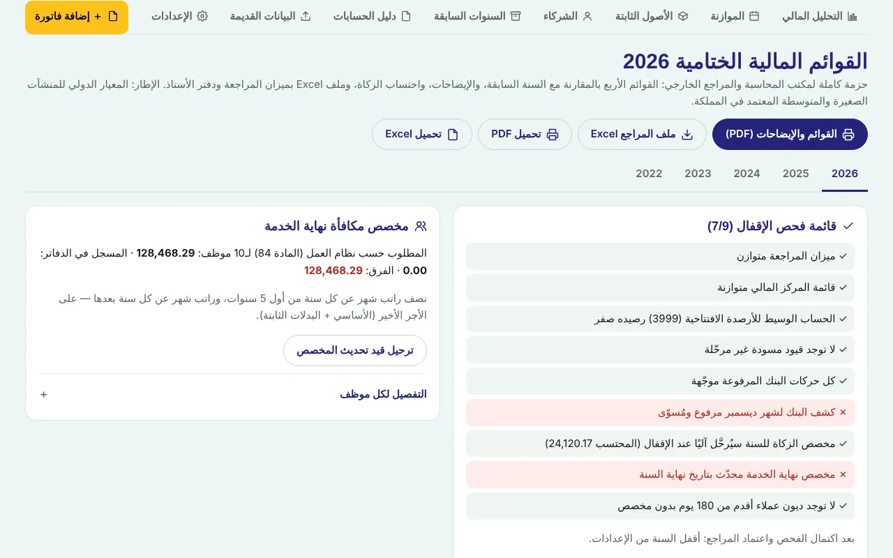 القوائم الختامية: قائمة فحص الإقفال والمخصصات
