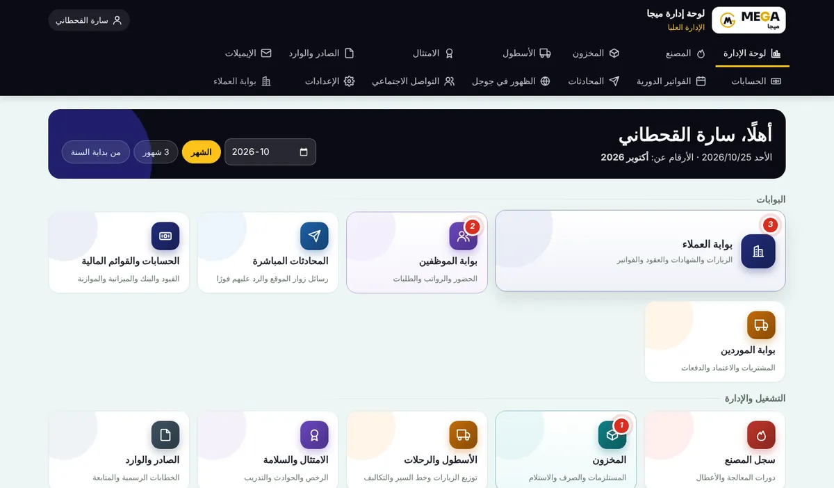 لوحة إدارة ميجا على الكمبيوتر: البوابات والحسابات والمخزون في شاشة واحدة