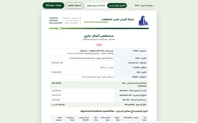 Afras Al-Arab — Stati di avanzamento (SAL)